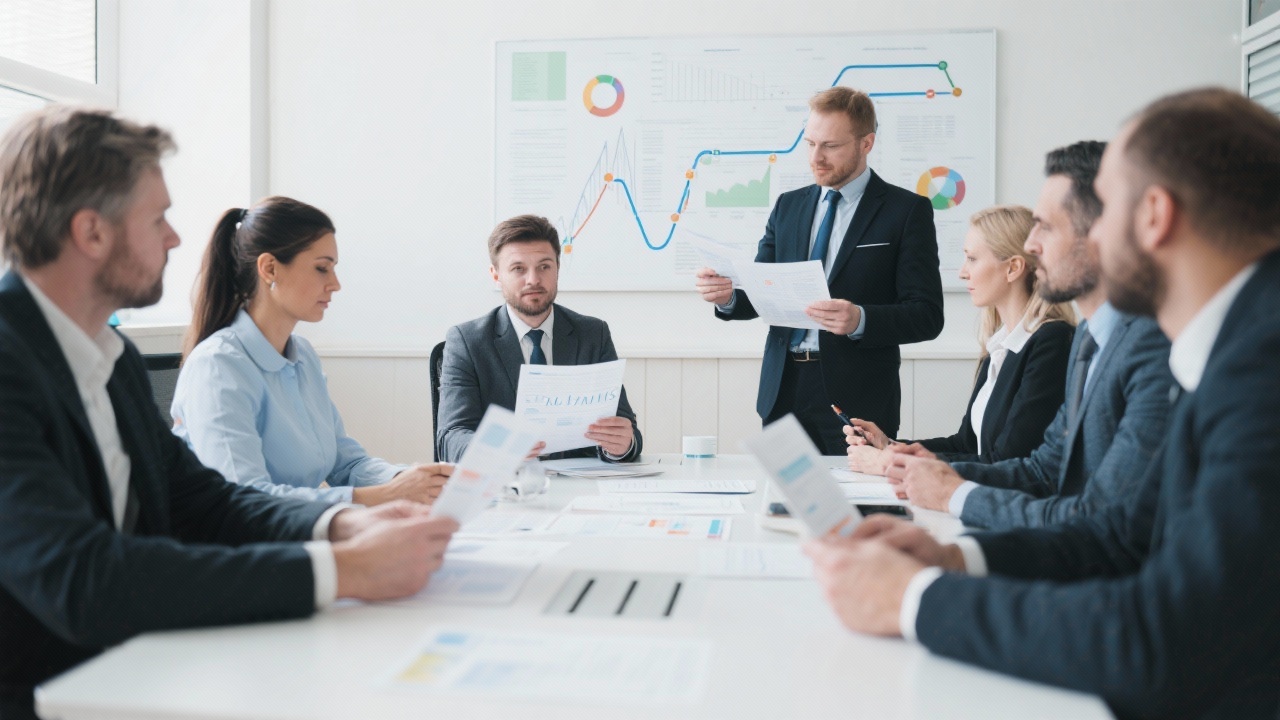 Consultant meeting with service business leadership team reviewing financial analytics roadmap documents in a bright meeting room