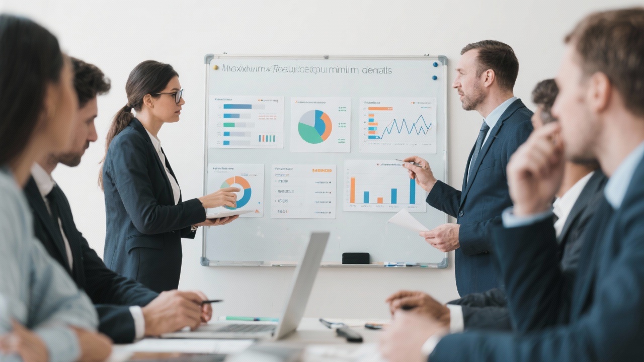 Finance consultants facilitating workshop with service business managers discussing dashboards and analytical priorities on whiteboard