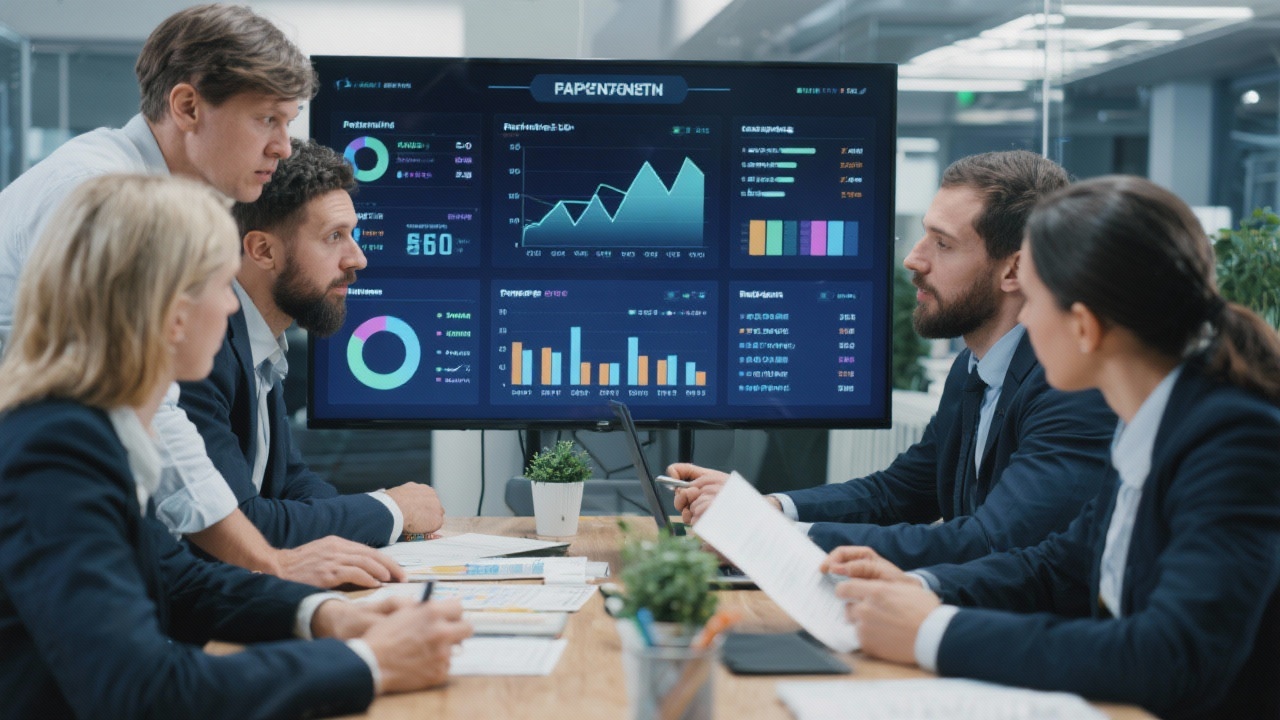 Team of finance professionals collaborating around a large data dashboard discussing performance metrics and planning actions