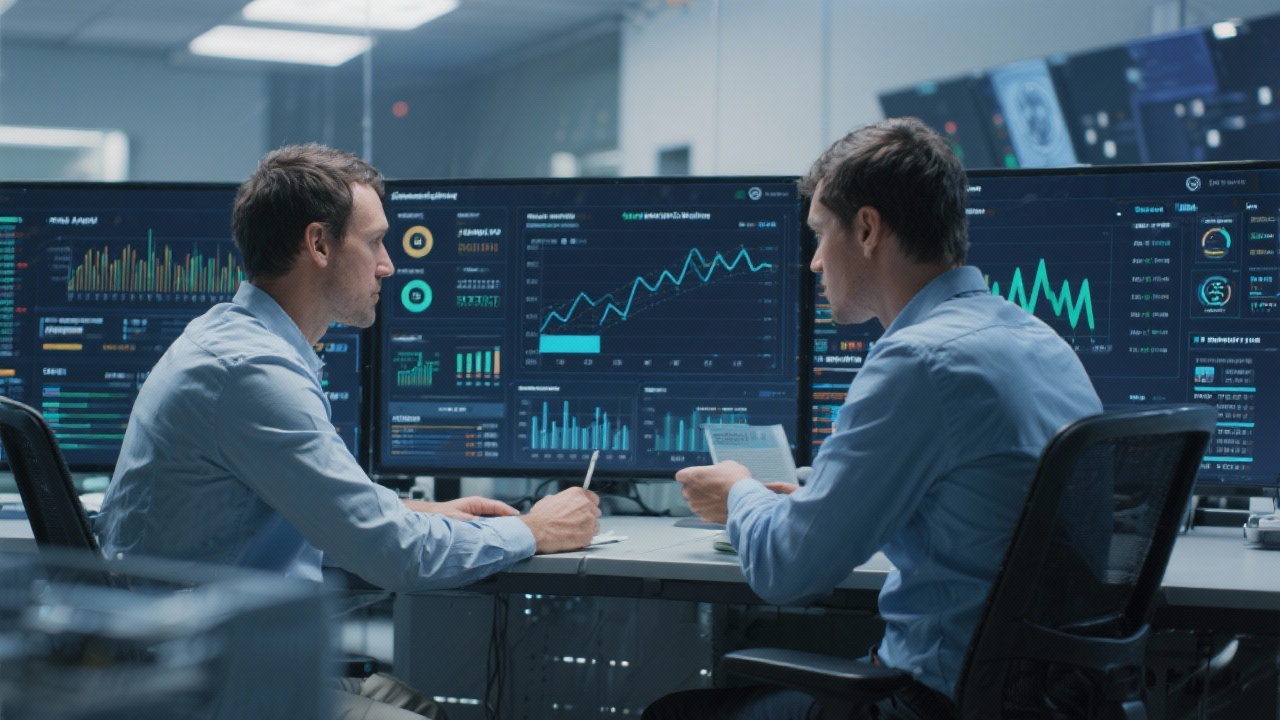 Two financial data specialists validating analytics models and checking data quality dashboards in a secure operations center environment