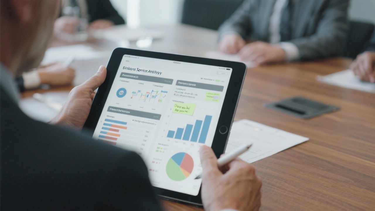 Executive reviewing financial service analytics report with charts tables and strategic notes on a digital tablet in a boardroom