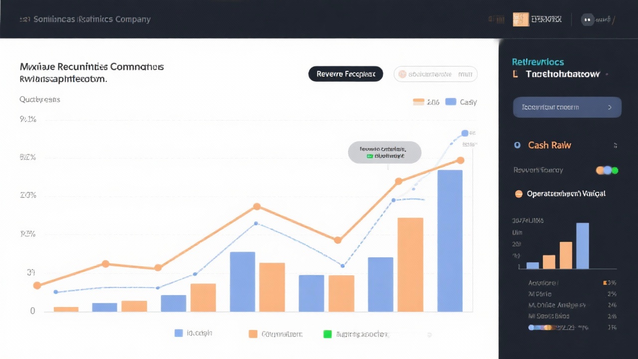 Line and bar chart showing revenue forecast cash runway and operating expenses variance over quarterly periods for a services company