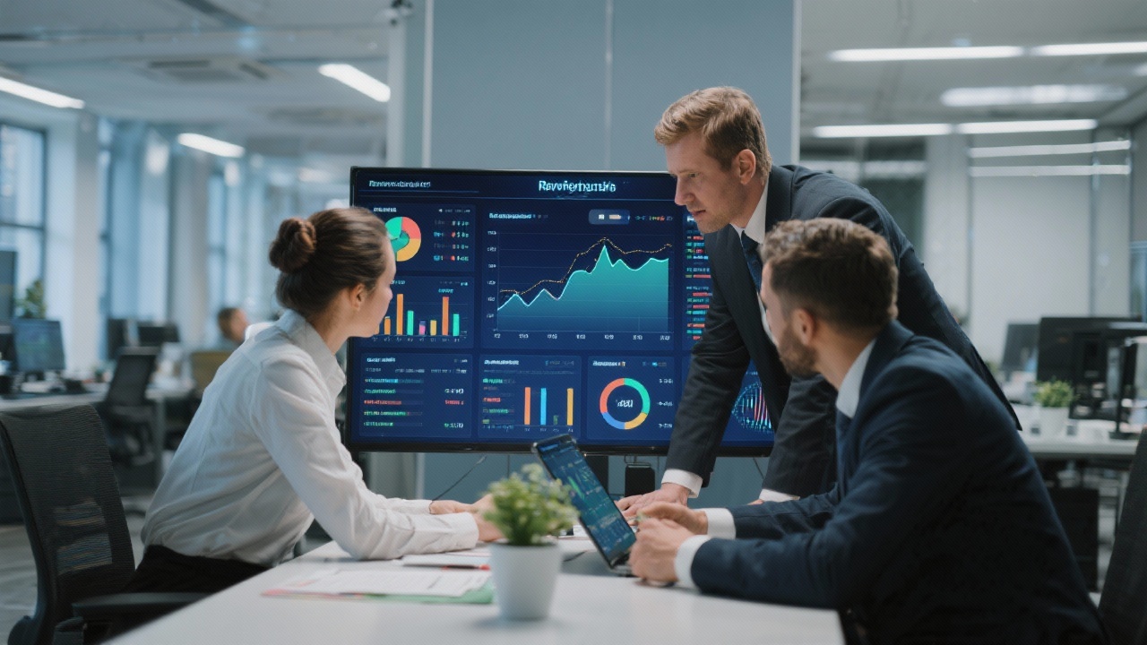 Financial analysts reviewing interactive dashboards showing revenue forecasts operational metrics and variance indicators in a modern Budapest office environment