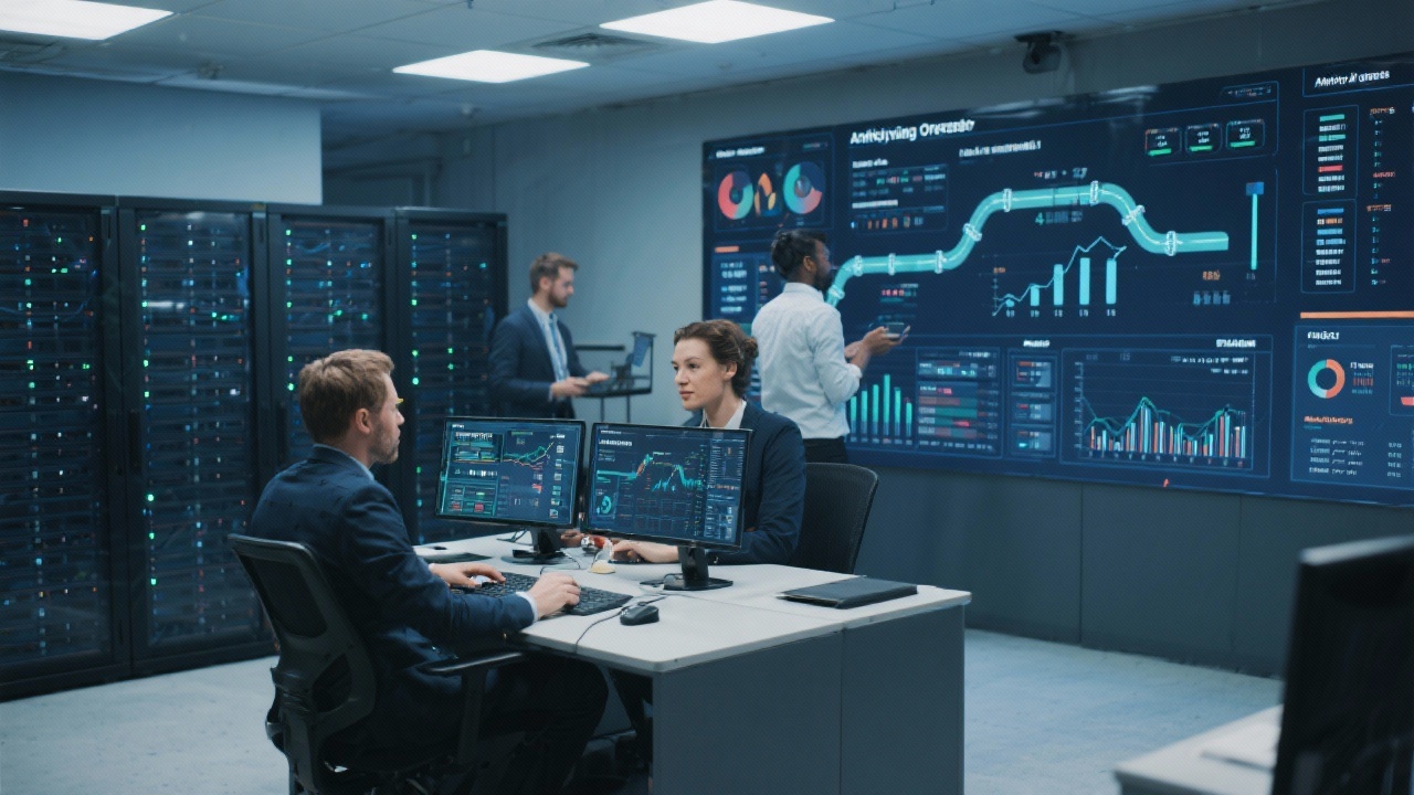 Modern analytics operations room with secure servers dashboards and specialists monitoring financial data pipelines for clients
